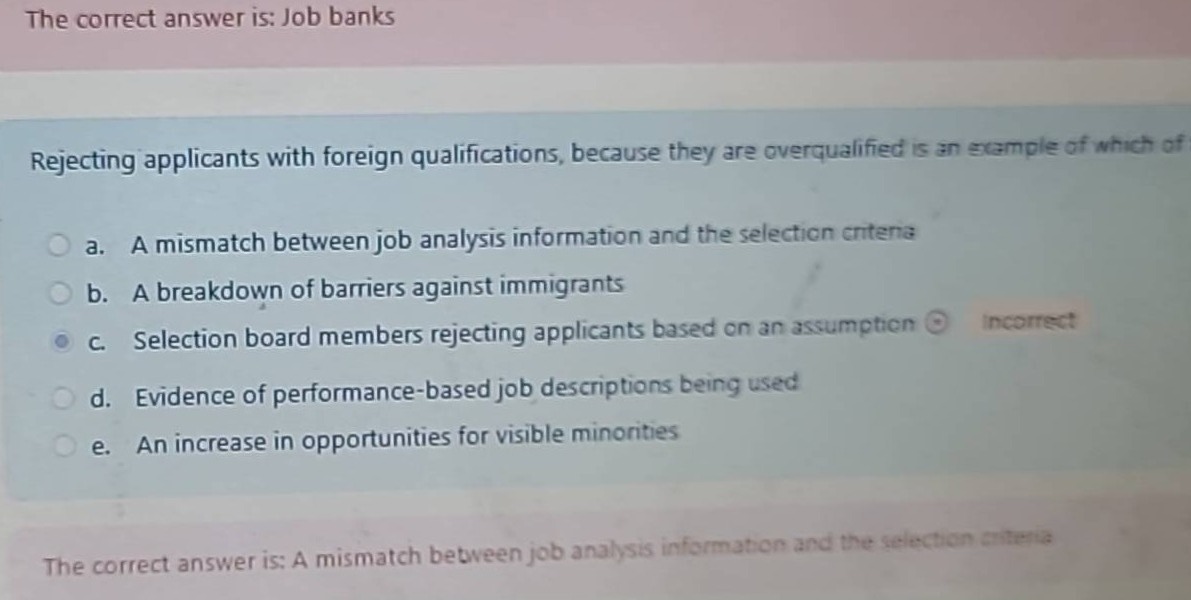 rejecting applicants with foreign qualifications, because they are overqualified is an example of which of \n\na. a mismatch between job analysis information and the selection criteria\n\nb. a breakdown of barriers against immigrants\n\nc. selection board members rejecting applicants based on an assumption \n\nincorrect\nd. evidence of performance - based job descriptions being used\n\ne. an increase in opportunities for visible minorities\n\nthe correct answer is: a mismatch between job analysis information and the selection criteria
