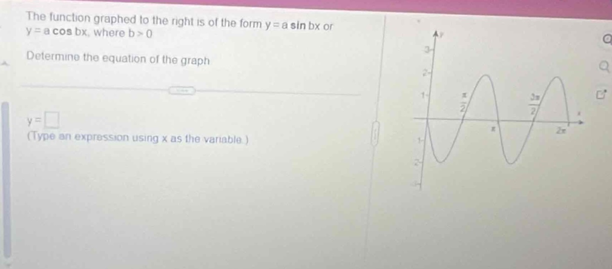 the function graphed to the right is of the form y = a sin bx or y = a cos bx, where b > 0. determine the equation of the graph. y = □ (type an expression using x as the variable.)