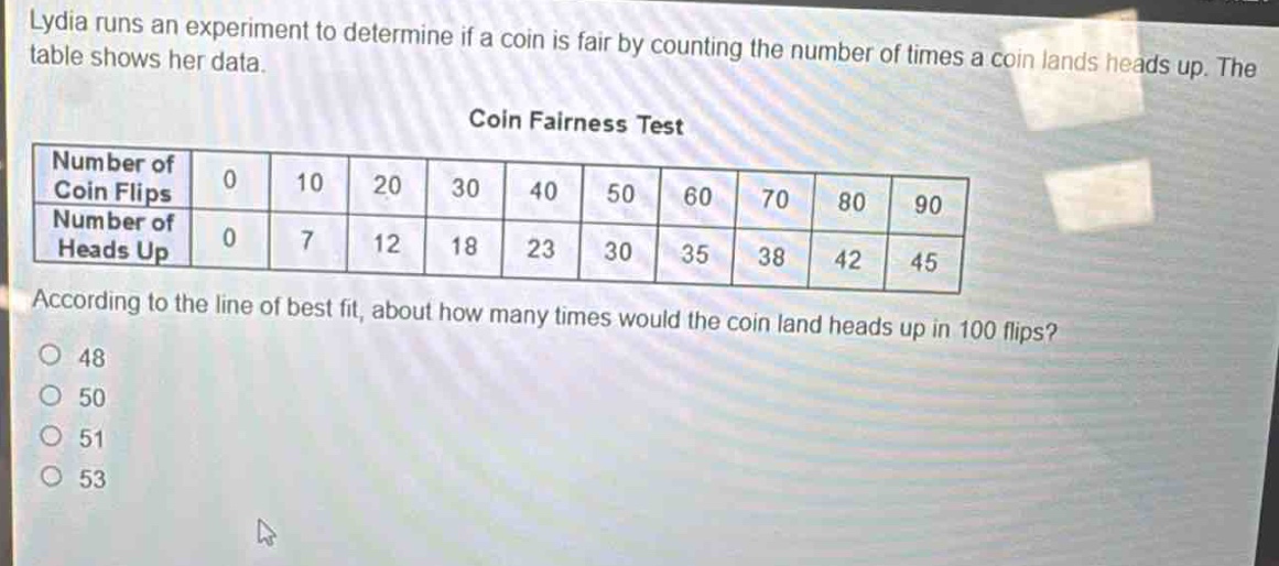 lydia runs an experiment to determine if a coin is fair by counting the number of times a coin lands heads up. the table shows her data.\ncoin fairness test\n|number of coin flips|0|10|20|30|40|50|60|70|80|90|\n|number of heads up|0|7|12|18|23|30|35|38|42|45|\naccording to the line of best fit, about how many times would the coin land heads up in 100 flips?\no 48\no 50\no 51\no 53