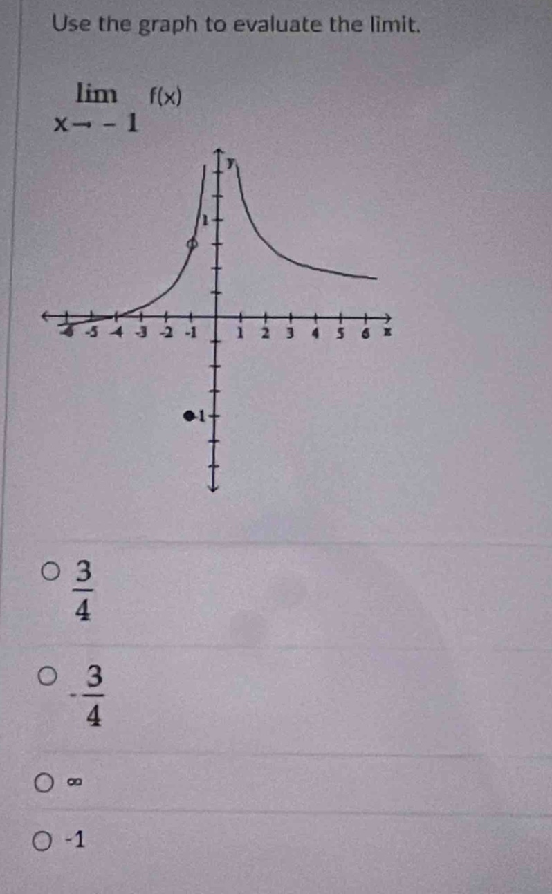 use the graph to evaluate the limit.\nlim f(x)\nx→ - 1\no $\frac{3}{4}$\no - $\frac{3}{4}$\no ∞\no -1