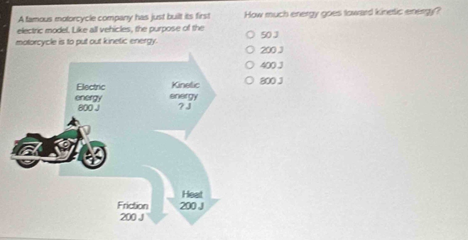 a famous motorcycle company has just built its first electric model. like all vehicles, the purpose of the motorcycle is to put out kinetic energy. how much energy goes toward kinetic energy? 50 j 200 j 400 j 800 j electric energy 800 j kinetic energy? j heat 200 j friction 200 j