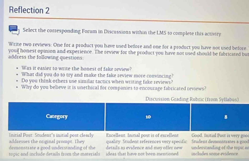 reflection 2\nselect the corresponding forum in discussions within the lms to complete this activity\nwrite two reviews: one for a product you have used before and one for a product you have not used before. give your honest opinion and experience. the review for the product you have not used should be fabricated but address the following questions:\n- was it easier to write the honest or fake review?\n- what did you do to try and make the fake review more convincing?\n- do you think others use similar tactics when writing fake reviews?\n- why do you believe it is unethical for companies to encourage fabricated reviews?\ndiscussion grading rubric (from syllabus)\n| category | 10 | 8 |\n|--|--|--|\n| initial post: student’s initial post clearly addresses the original prompt. they demonstrate a good understanding of the topic and include details from the materials | excellent. initial post is of excellent quality. student references very specific details as evidence and may offer new ideas that have not been mentioned | good. initial post is very good. student demonstrates a good understanding of the topic includes some evidence |