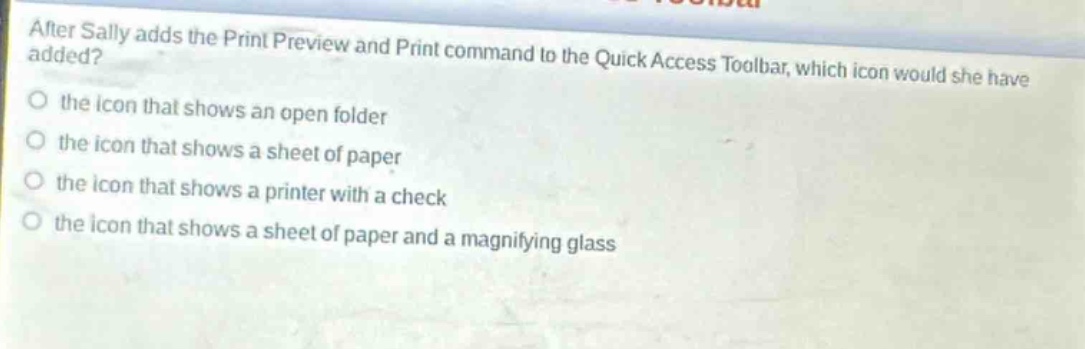 after sally adds the print preview and print command to the quick access toolbar, which icon would she have added?\no the icon that shows an open folder\no the icon that shows a sheet of paper\no the icon that shows a printer with a check\no the icon that shows a sheet of paper and a magnifying glass