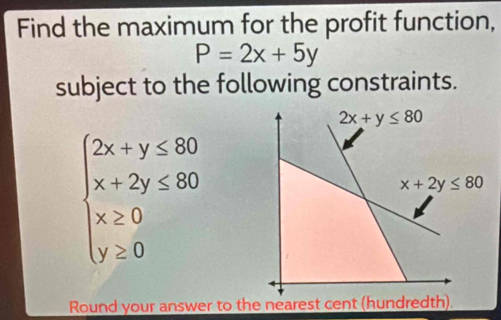 find the maximum for the profit function, p = 2x + 5y subject to the following constraints. (\begin{cases}2x + yleq80\\x + 2yleq80\\xgeq0\\ygeq0end{cases}) round your answer to the nearest cent (hundredth).