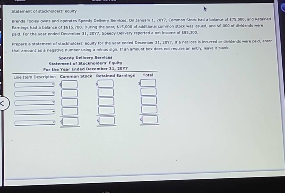 statement of stockholders’ equity\nbrenda tooley owns and operates speedy delivery services. on january 1, 20y7, common stock had a balance of $75,000, and retained earnings had a balance of $615,700. during the year, $15,000 of additional common stock was issued, and $6,000 of dividends were paid. for the year ended december 31, 20y7, speedy delivery reported a net income of $85,300.\nprepare a statement of stockholders’ equity for the year ended december 31, 20y7. if a net loss is incurred or dividends were paid, enter that amount as a negative number using a minus sign. if an amount box does not require an entry, leave it blank.\nspeedy delivery services\nstatement of stockholders’ equity\nfor the year ended december 31, 20y7\nline item description common stock retained earnings total