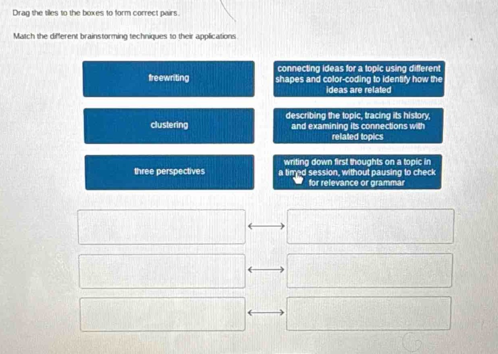drag the tiles to the boxes to form correct pairs. match the different brainstorming techniques to their applications. freewriting connecting ideas for a topic using different shapes and color - coding to identify how the ideas are related clustering describing the topic, tracing its history, and examining its connections with related topics three perspectives writing down first thoughts on a topic in a timed session, without pausing to check for relevance or grammar