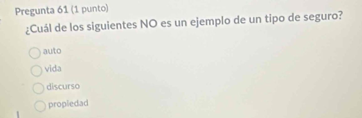 pregunta 61 (1 punto)\n¿cuál de los siguientes no es un ejemplo de un tipo de seguro?\nauto\nvida\ndiscurso\npropiedad