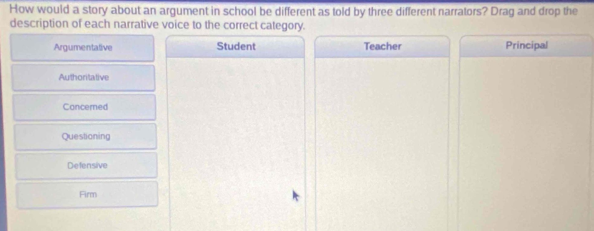how would a story about an argument in school be different as told by three different narrators? drag and drop the description of each narrative voice to the correct category. argumentative authoritative concerned questioning defensive firm student teacher principal