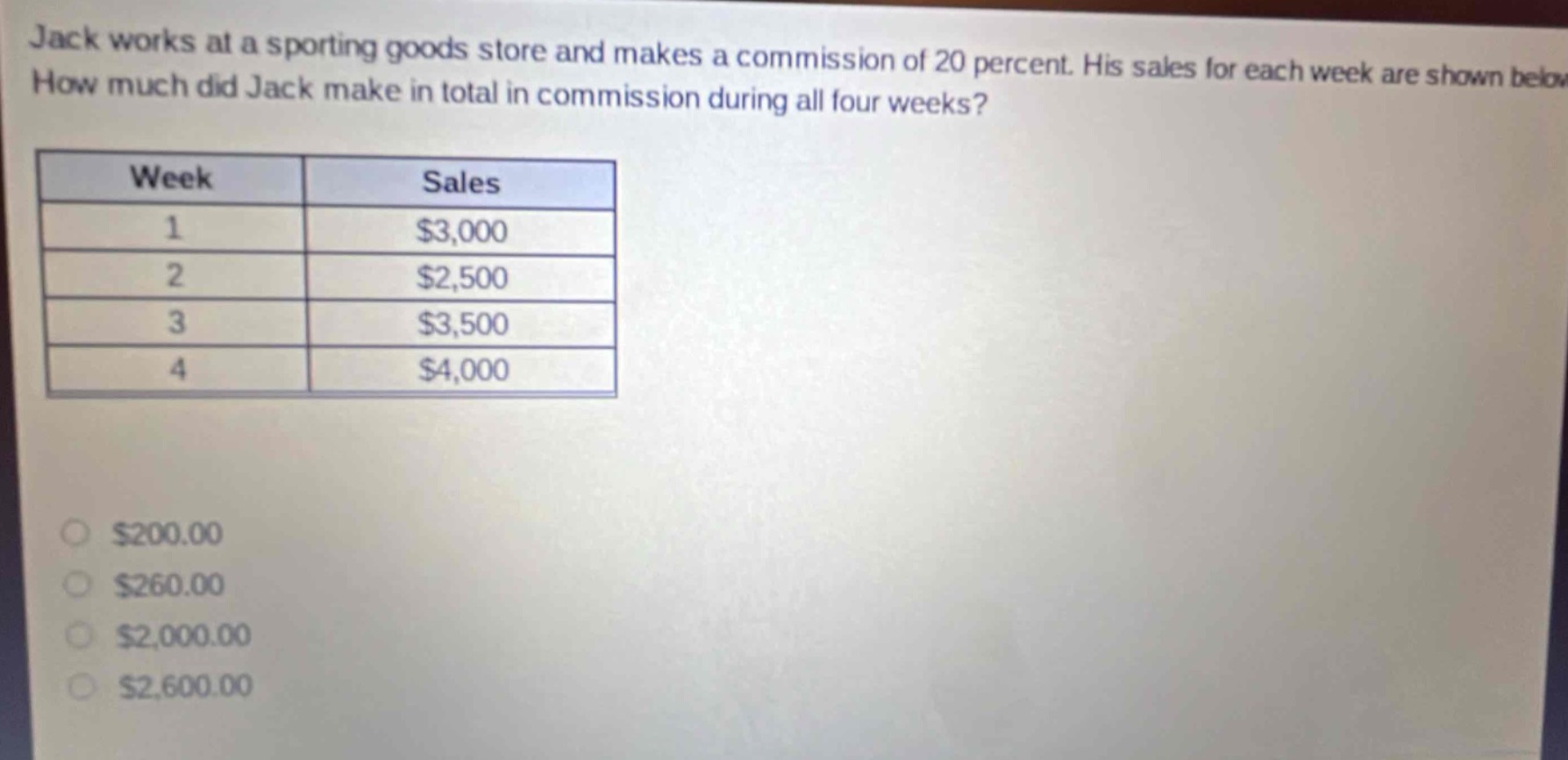 jack works at a sporting goods store and makes a commission of 20 percent. his sales for each week are shown below. how much did jack make in total in commission during all four weeks?\n| week | sales |\n| ---- | ---- |\n| 1 | $3,000 |\n| 2 | $2,500 |\n| 3 | $3,500 |\n| 4 | $4,000 |\n$200.00\n$260.00\n$2,000.00\n$2,600.00