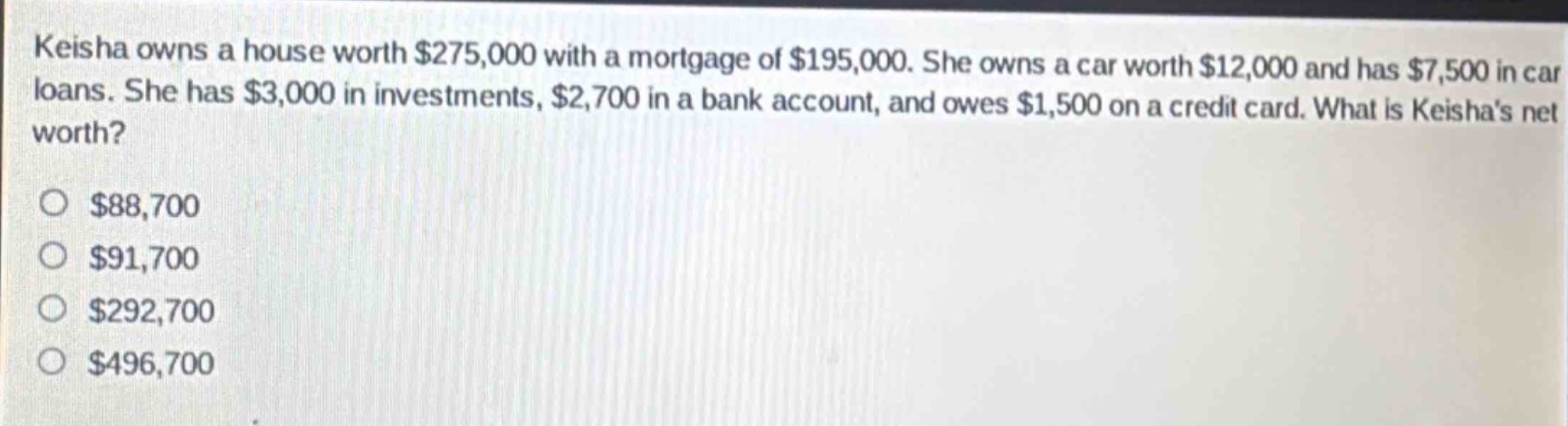 keisha owns a house worth $275,000 with a mortgage of $195,000. she owns a car worth $12,000 and has $7,500 in car loans. she has $3,000 in investments, $2,700 in a bank account, and owes $1,500 on a credit card. what is keishas net worth?\n\n$88,700\n$91,700\n$292,700\n$496,700