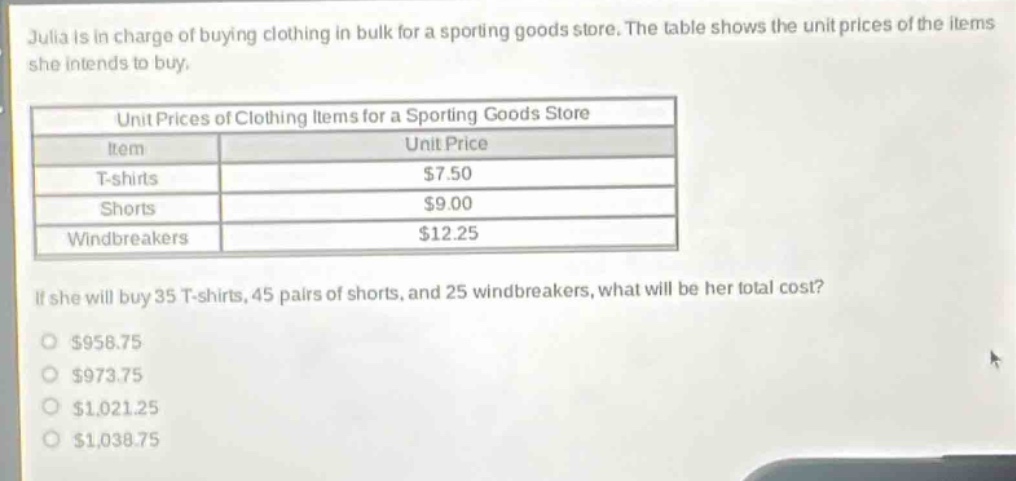 julia is in charge of buying clothing in bulk for a sporting goods store. the table shows the unit prices of the items she intends to buy.\n\nunit prices of clothing items for a sporting goods store\n| item | unit price |\n| ---- | ---- |\n| t - shirts | $7.50 |\n| shorts | $9.00 |\n| windbreakers | $12.25 |\n\nif she will buy 35 t - shirts, 45 pairs of shorts, and 25 windbreakers, what will be her total cost?\n$958.75\n$973.75\n$1,021.25\n$1,038.75