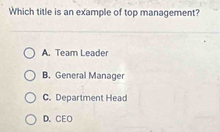 which title is an example of top management?\na. team leader\nb. general manager\nc. department head\nd. ceo