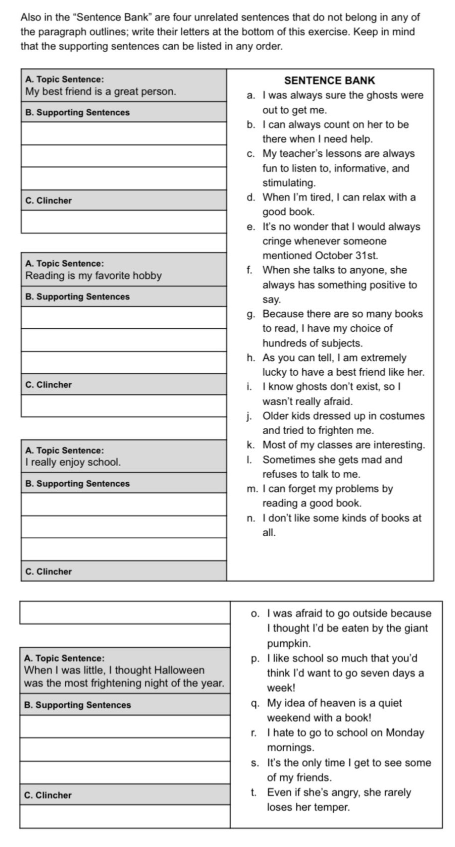 also in the “sentence bank” are four unrelated sentences that do not belong in any of the paragraph outlines; write their letters at the bottom of this exercise. keep in mind that the supporting sentences can be listed in any order.\na. topic sentence: my best friend is a great person.\nb. supporting sentences\nc. clincher\na. topic sentence: reading is my favorite hobby\nb. supporting sentences\nc. clincher\na. topic sentence: i really enjoy school.\nb. supporting sentences\nc. clincher\na. topic sentence: when i was little, i thought halloween was the most frightening night of the year.\nb. supporting sentences\nc. clincher\nsentence bank\na. i was always sure the ghosts were out to get me.\nb. i can always count on her to be there when i need help.\nc. my teacher’s lessons are always fun to listen to, informative, and stimulating.\nd. when i’m tired, i can relax with a good book.\ne. it’s no wonder that i would always cringe whenever someone mentioned october 31st.\nf. when she talks to anyone, she always has something positive to say.\ng. because there are so many books to read, i have my choice of hundreds of subjects.\nh. as you can tell, i am extremely lucky to have a best friend like her.\ni. i know ghosts don’t exist, so i wasn’t really afraid.\nj. older kids dressed up in costumes and tried to frighten me.\nk. most of my classes are interesting.\nl. sometimes she gets mad and refuses to talk to me.\nm. i can forget my problems by reading a good book.\nn. i don’t like some kinds of books at all.\no. i was afraid to go outside because i thought i’d be eaten by the giant pumpkin.\np. i like school so much that you’d think i’d want to go seven days a week!\nq. my idea of heaven is a quiet weekend with a book!\nr. i hate to go to school on monday mornings.\ns. it’s the only time i get to see some of my friends.\nt. even if she’s angry, she rarely loses her temper.