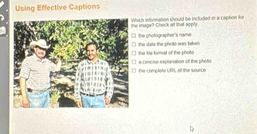using effective captions\nwhich information should be included in a caption for the image? check all that apply\n□ the photographers name\n□ the date the photo was taken\n□ the file format of the photo\n□ a concise explanation of the photo\n□ the complete url of the source