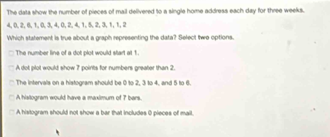the data show the number of pieces of mail delivered to a single home address each day for three weeks. 4, 0, 2, 6, 1, 0, 3, 4, 0, 2, 4, 1, 5, 2, 3, 1, 1, 2. which statement is true about a graph representing the data? select two options. the number line of a dot - plot would start at 1. a dot - plot would show 7 points for numbers greater than 2. the intervals on a histogram should be 0 to 2, 3 to 4, and 5 to 6. a histogram would have a maximum of 7 bars. a histogram should not show a bar that includes 0 pieces of mail.