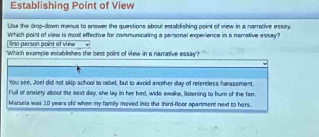 establishing point of view\nuse the drop - down menus to answer the questions about establishing point of view in a narrative essay.\nwhich point of view is most effective for communicating a personal experience in a narrative essay?\nfirst - person point of view\nwhich example establishes the best point of view in a narrative essay?\nyou see, joel did not skip school to rebel, but to avoid another day of relentless harassment.\nfull of anxiety about the next day, she lay in her bed, wide awake, listening to hum of the fan.\nmarcela was 10 years old when my family moved into the third - floor apartment next to hers.