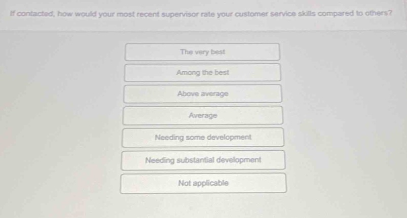 if contacted, how would your most recent supervisor rate your customer service skills compared to others?\nthe very best\namong the best\nabove average\naverage\nneeding some development\nneeding substantial development\nnot applicable
