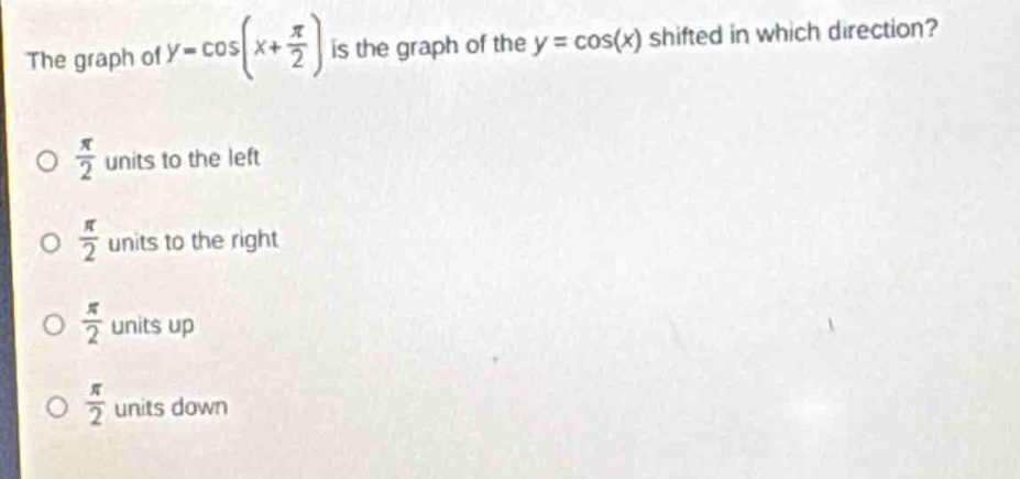 the graph of $y = cos(x+\frac{pi}{2})$ is the graph of the $y = cos(x)$ shifted in which direction?\n$\frac{pi}{2}$ units to the left\n$\frac{pi}{2}$ units to the right\n$\frac{pi}{2}$ units up\n$\frac{pi}{2}$ units down