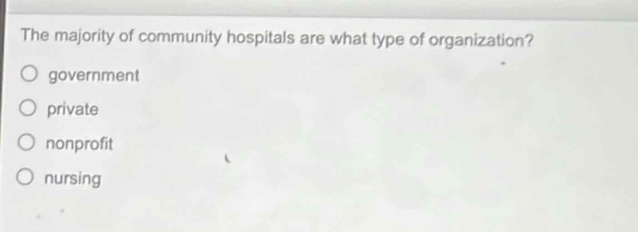 the majority of community hospitals are what type of organization?\ngovernment\nprivate\nnonprofit\nursing