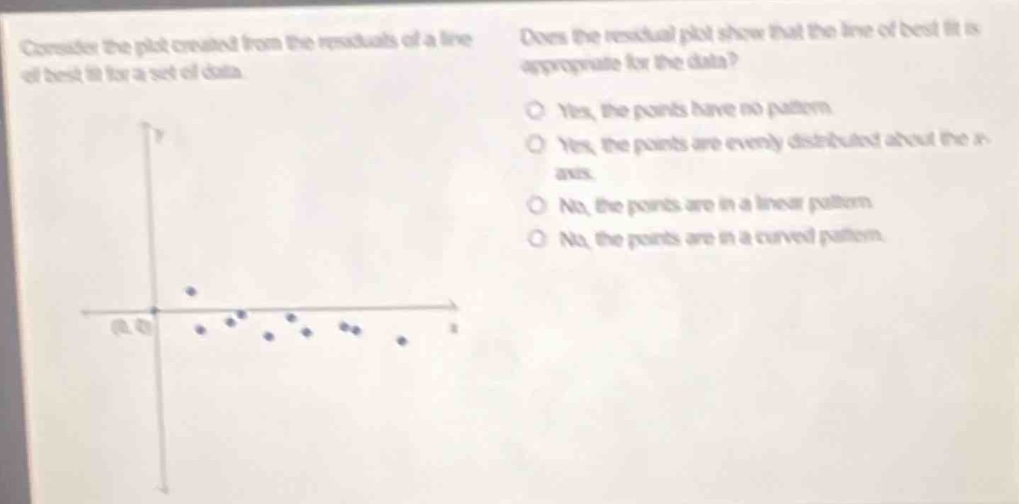 consider the plot created from the residuals of a line of best fit for a set of data. does the residual plot show that the line of best fit is appropriate for the data? o yes, the points have no pattern. o yes, the points are evenly distributed about the x - axis. o no, the points are in a linear pattern. o no, the points are in a curved pattern.