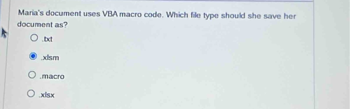 marias document uses vba macro code. which file type should she save her document as?\n○ .txt\n○ .xlsm\n○ .macro\n○ .xlsx