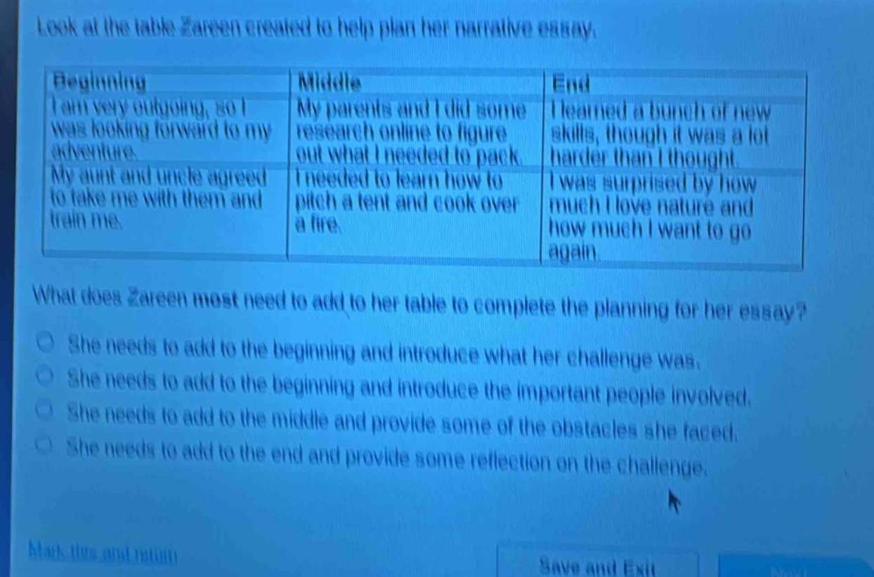 look at the table zareen created to help plan her narrative essay.\nbeginning\ni am very outgoing, so i was looking forward to my adventure. my aunt and uncle agreed to take me with them and train me.\nmiddle\nmy parents and i did some research online to figure out what i needed to pack. i needed to learn how to pitch a tent and cook over a fire.\nend\ni learned a bunch of new skills, though it was a lot harder than i thought. i was surprised by how much i love nature and how much i want to go again.\nwhat does zareen most need to add to her table to complete the planning for her essay?\nshe needs to add to the beginning and introduce what her challenge was.\nshe needs to add to the beginning and introduce the important people involved.\nshe needs to add to the middle and provide some of the obstacles she faced.\nshe needs to add to the end and provide some reflection on the challenge.