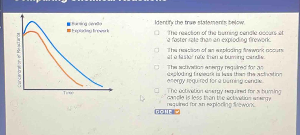identify the true statements below. the reaction of the burning candle occurs at a faster rate than an exploding firework. the reaction of an exploding firework occurs at a faster rate than a burning candle. the activation energy required for an exploding firework is less than the activation energy required for a burning candle. the activation energy required for a burning candle is less than the activation energy required for an exploding firework.