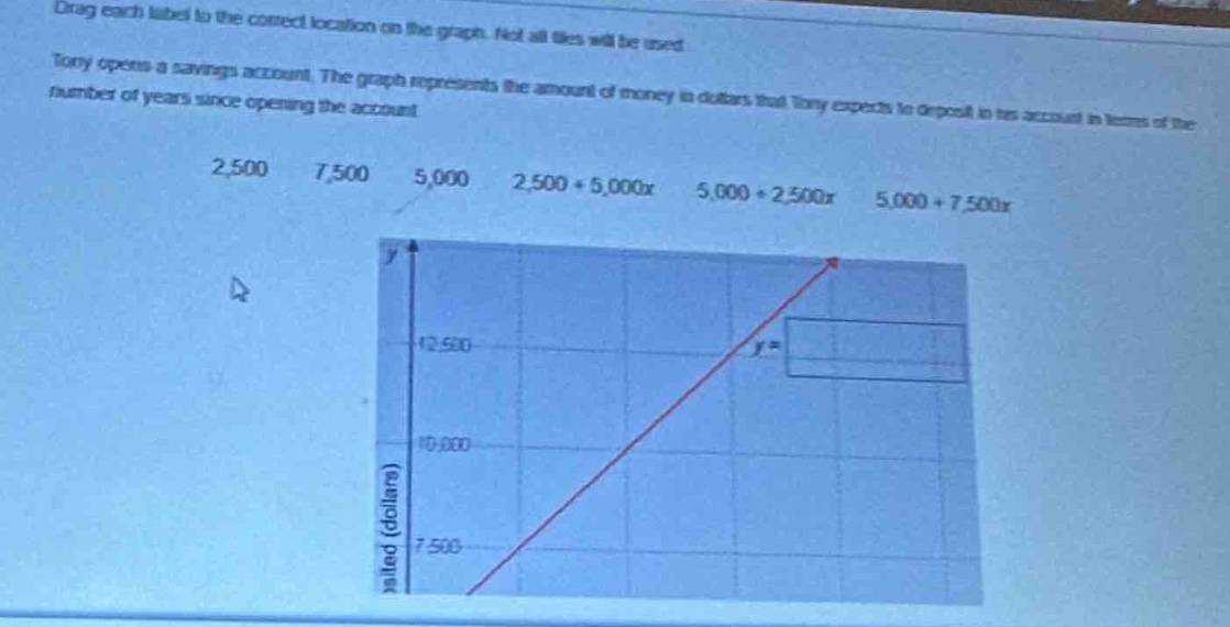 drag each label to the correct location on the graph. not all tiles will be used. tony opens a savings account. the graph represents the amount of money in dollars that tony expects to deposit in his account in terms of the number of years since opening the account. 2,500 7,500 5,000 2,500 + 5,000x 5,000 + 2,500x 5,000 + 7,500x