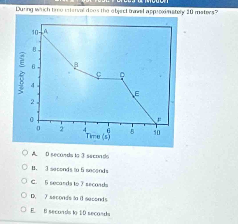 during which time interval does the object travel approximately 10 meters?\na. 0 seconds to 3 seconds\nb. 3 seconds to 5 seconds\nc. 5 seconds to 7 seconds\nd. 7 seconds to 8 seconds\ne. 8 seconds to 10 seconds
