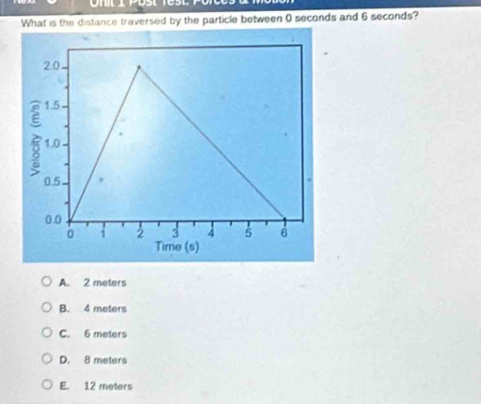 what is the distance traversed by the particle between 0 seconds and 6 seconds?\na. 2 meters\nb. 4 meters\nc. 6 meters\nd. 8 meters\ne. 12 meters