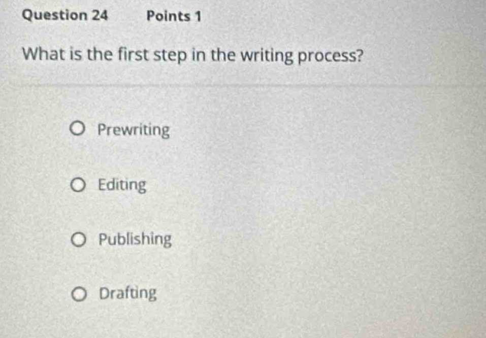 question 24 points 1\nwhat is the first step in the writing process?\n○ prewriting\n○ editing\n○ publishing\n○ drafting