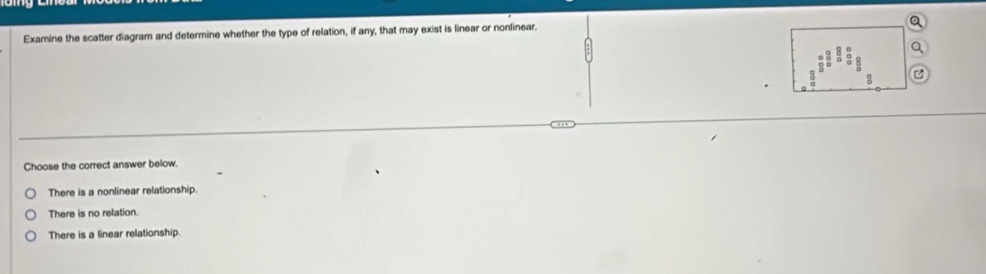 examine the scatter diagram and determine whether the type of relation, if any, that may exist is linear or nonlinear. choose the correct answer below. there is a nonlinear relationship. there is no relation. there is a linear relationship.