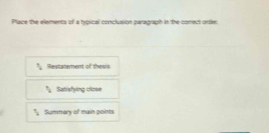 place the elements of a typical conclusion paragraph in the correct order.\n\nrestatement of thesis\n\nsatisfying close\n\nsummary of main points