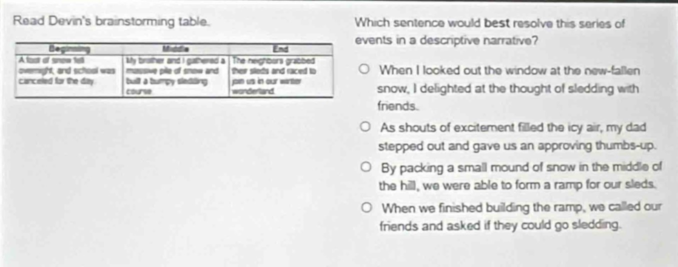 read devins brainstorming table. which sentence would best resolve this series of events in a descriptive narrative? beginning: a foot of snow fell overnight, and school was canceled for the day. middle: my brother and i gathered a massive pile of snow and built a bumpy sledding course. end: the neighbors grabbed their sleds and raced to join us in our winter wonderland. when i looked out the window at the new - fallen snow, i delighted at the thought of sledding with friends. as shouts of excitement filled the icy air, my dad stepped out and gave us an approving thumbs - up. by packing a small mound of snow in the middle of the hill, we were able to form a ramp for our sleds. when we finished building the ramp, we called our friends and asked if they could go sledding.