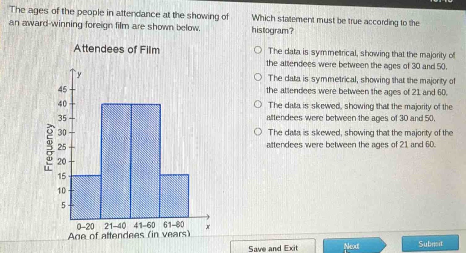 the ages of the people in attendance at the showing of an award - winning foreign film are shown below. which statement must be true according to the histogram? attendees of film frequency age of attendees (in years) 0 - 20 21 - 40 41 - 60 61 - 80 the data is symmetrical, showing that the majority of the attendees were between the ages of 30 and 50. the data is symmetrical, showing that the majority of the attendees were between the ages of 21 and 60. the data is skewed, showing that the majority of the attendees were between the ages of 30 and 50. the data is skewed, showing that the majority of the attendees were between the ages of 21 and 60.