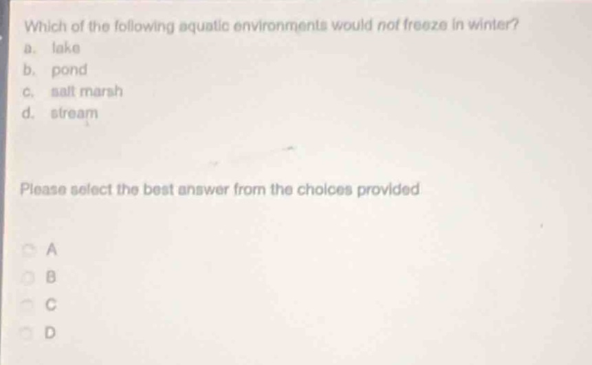 which of the following aquatic environments would not freeze in winter?\na. lake\nb. pond\nc. salt marsh\nd. stream\nplease select the best answer from the choices provided\na\nb\nc\nd