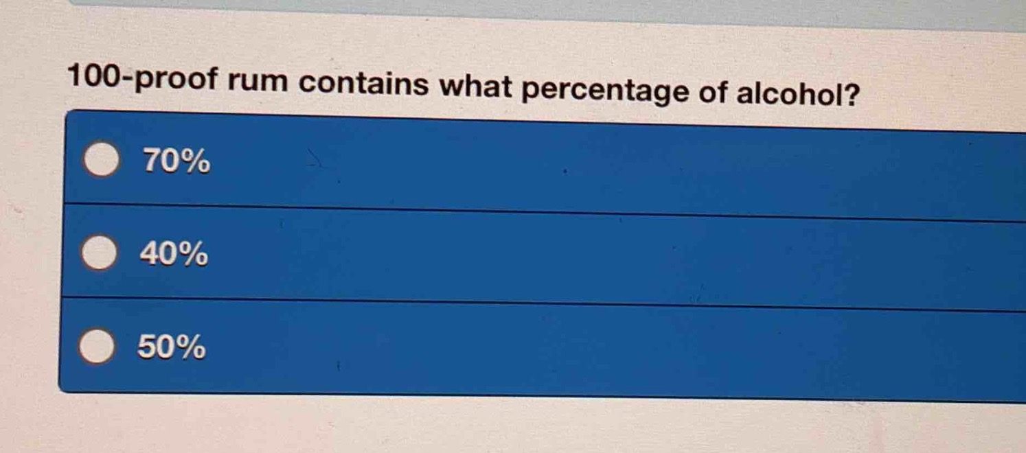 100 - proof rum contains what percentage of alcohol?\n70%\n40%\n50%