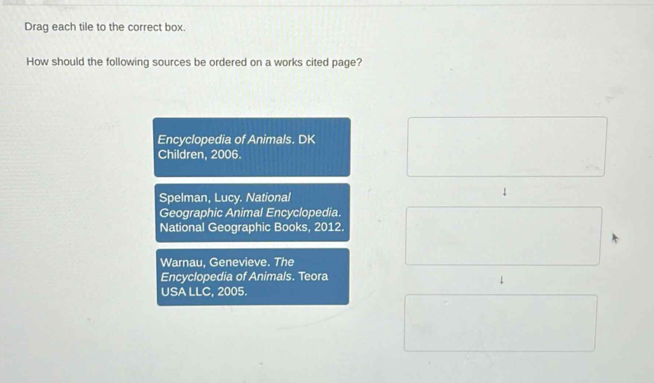 drag each tile to the correct box. how should the following sources be ordered on a works cited page? encyclopedia of animals. dk children, 2006. spelman, lucy. national geographic animal encyclopedia. national geographic books, 2012. warnau, genevieve. the encyclopedia of animals. teora usa llc, 2005.