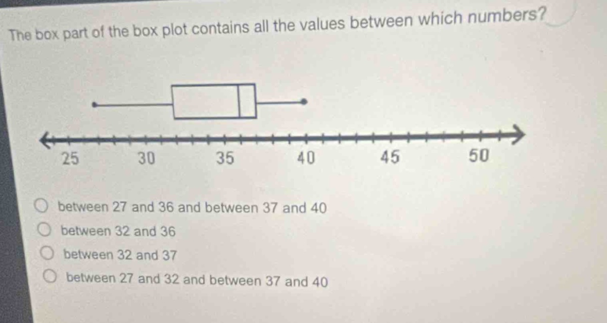 the box part of the box plot contains all the values between which numbers?\n\no between 27 and 36 and between 37 and 40\no between 32 and 36\no between 32 and 37\no between 27 and 32 and between 37 and 40