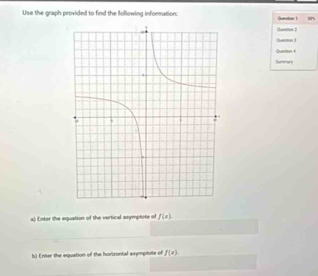 use the graph provided to find the following information:\na) enter the equation of the vertical asymptote of (f(x)).\nb) enter the equation of the horizontal asymptote of (f(x)).