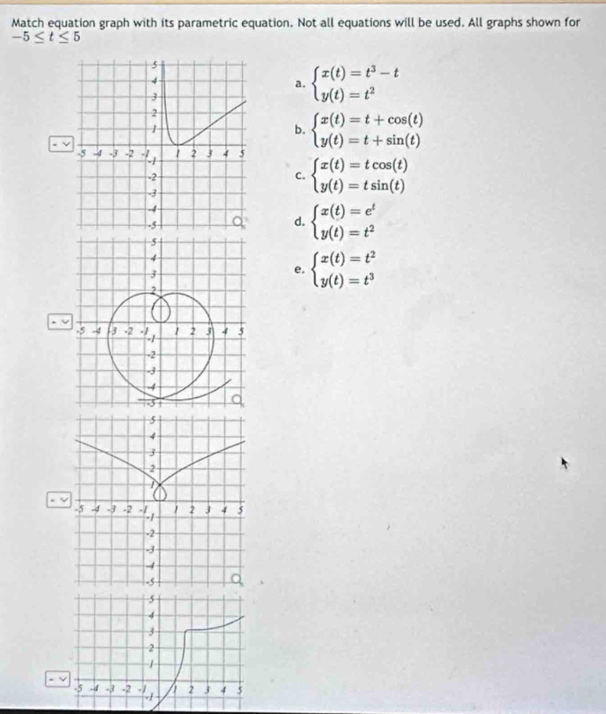 match equation graph with its parametric equation. not all equations will be used. all graphs shown for -5 ≤ t ≤ 5\na. $\begin{cases}x(t)=t^{3}-t\\y(t)=t^{2}end{cases}$\nb. $\begin{cases}x(t)=t + cos(t)\\y(t)=t+sin(t)end{cases}$\nc. $\begin{cases}x(t)=tcos(t)\\y(t)=tsin(t)end{cases}$\nd. $\begin{cases}x(t)=e^{t}\\y(t)=t^{2}end{cases}$\ne. $\begin{cases}x(t)=t^{2}\\y(t)=t^{3}end{cases}$