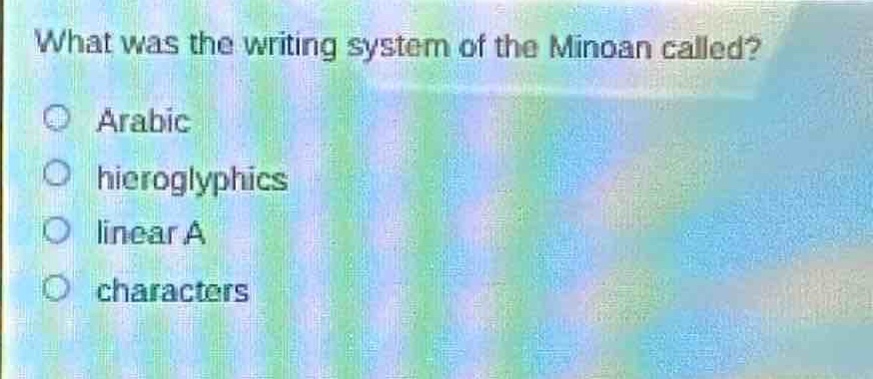 what was the writing system of the minoan called?\narabic\nhieroglyphics\nlinear a\ncharacters