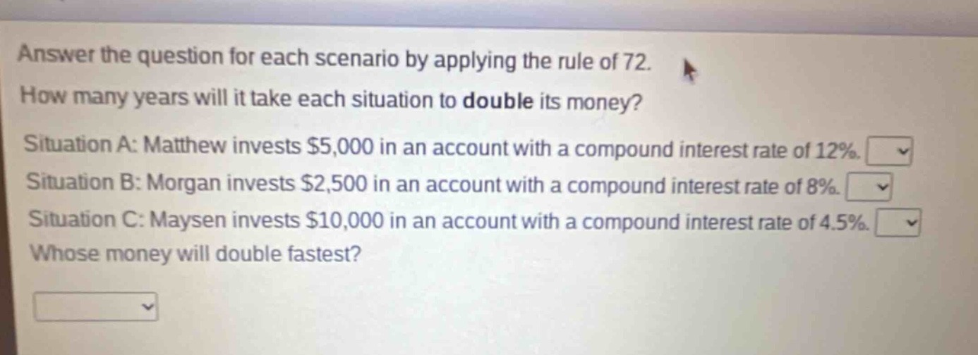 answer the question for each scenario by applying the rule of 72. how many years will it take each situation to double its money? situation a: matthew invests $5,000 in an account with a compound interest rate of 12%. situation b: morgan invests $2,500 in an account with a compound interest rate of 8%. situation c: maysen invests $10,000 in an account with a compound interest rate of 4.5%. whose money will double fastest?