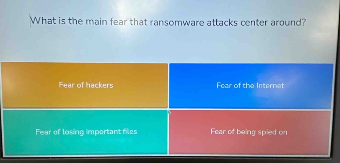 what is the main fear that ransomware attacks center around? fear of hackers fear of the internet fear of losing important files fear of being spied on