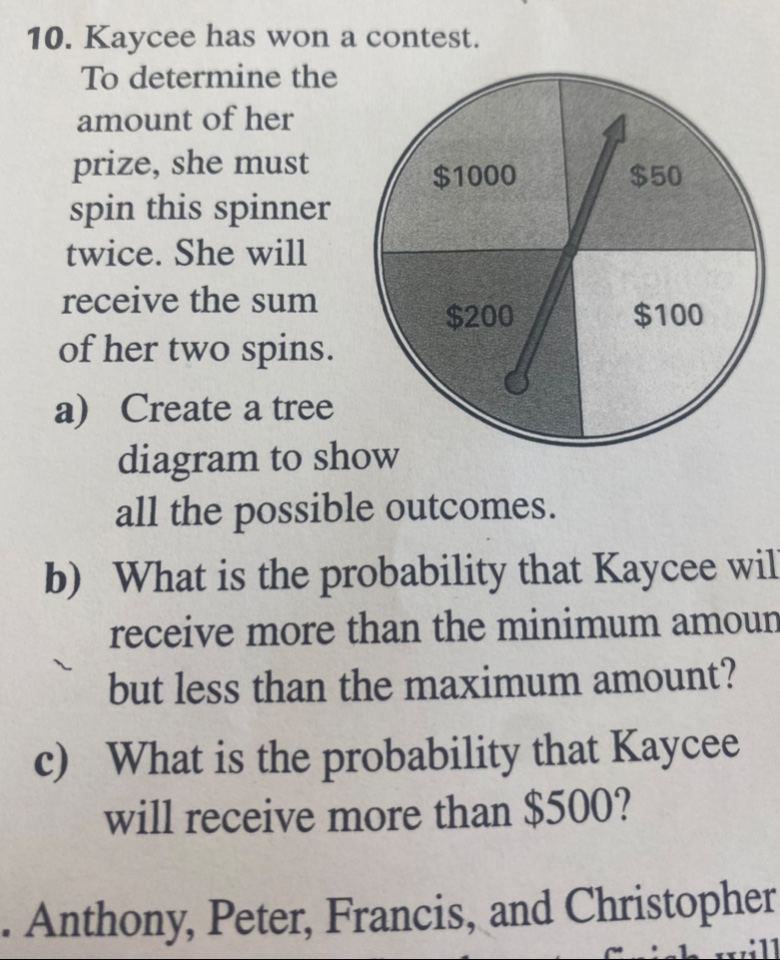 10. kaycee has won a contest. to determine the amount of her prize, she must spin this spinner twice. she will receive the sum of her two spins. a) create a tree diagram to show all the possible outcomes. b) what is the probability that kaycee will receive more than the minimum amount but less than the maximum amount? c) what is the probability that kaycee will receive more than $500?