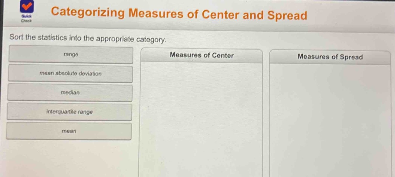 categorizing measures of center and spread\nsort the statistics into the appropriate category.\nrange\nmean absolute deviation\nmedian\ninterquartile range\nmean\nmeasures of center\nmeasures of spread