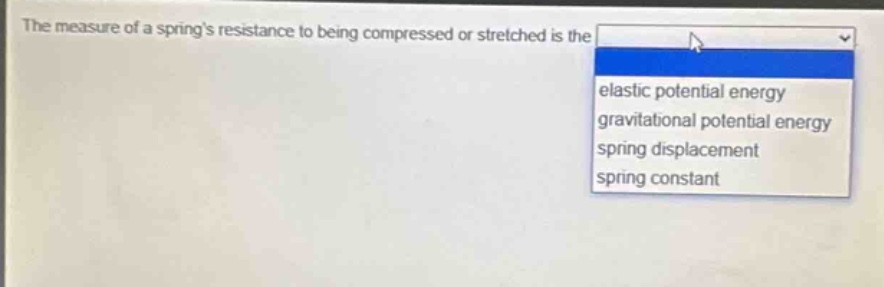 the measure of a springs resistance to being compressed or stretched is the elastic potential energy gravitational potential energy spring displacement spring constant