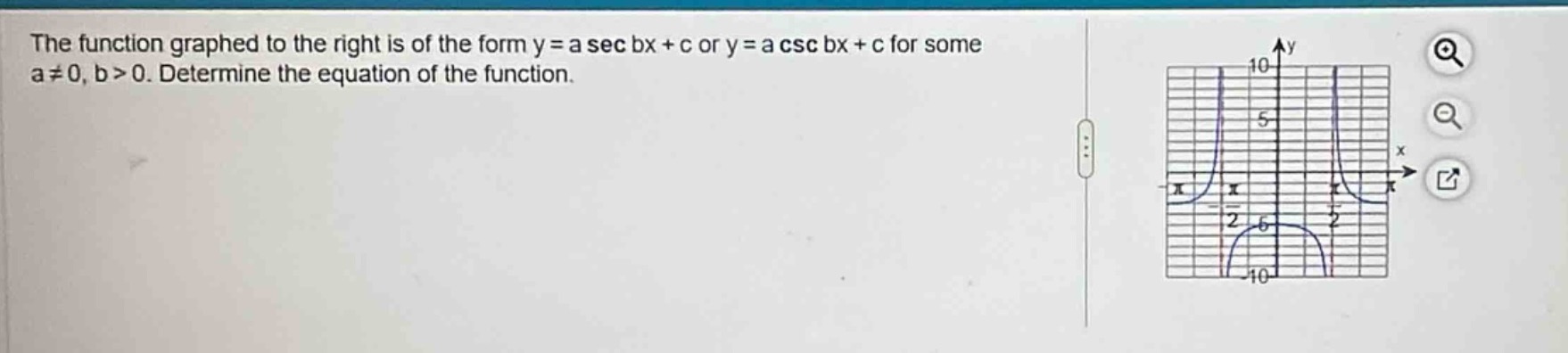 the function graphed to the right is of the form y = a sec bx + c or y = a csc bx + c for some a ≠ 0, b > 0. determine the equation of the function.