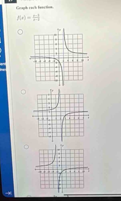 graph each function.\n$f(x)=\frac{x - 3}{x - 2}$