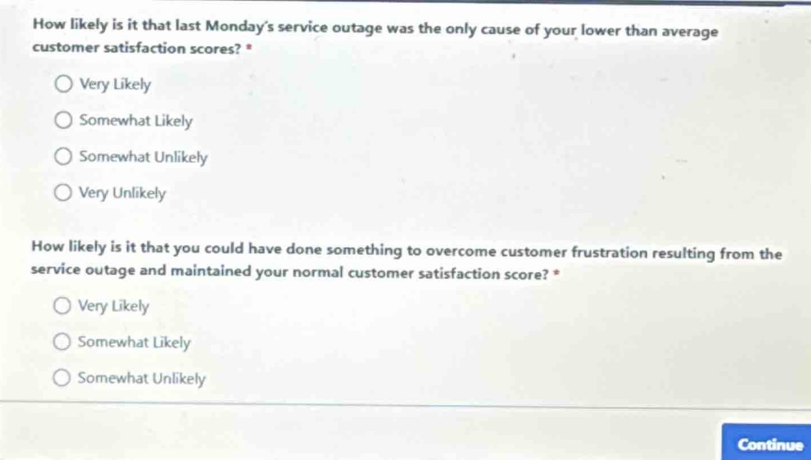how likely is it that last mondays service outage was the only cause of your lower than average customer satisfaction scores? *\n○ very likely\n○ somewhat likely\n○ somewhat unlikely\n○ very unlikely\n\nhow likely is it that you could have done something to overcome customer frustration resulting from the service outage and maintained your normal customer satisfaction score? *\n○ very likely\n○ somewhat likely\n○ somewhat unlikely